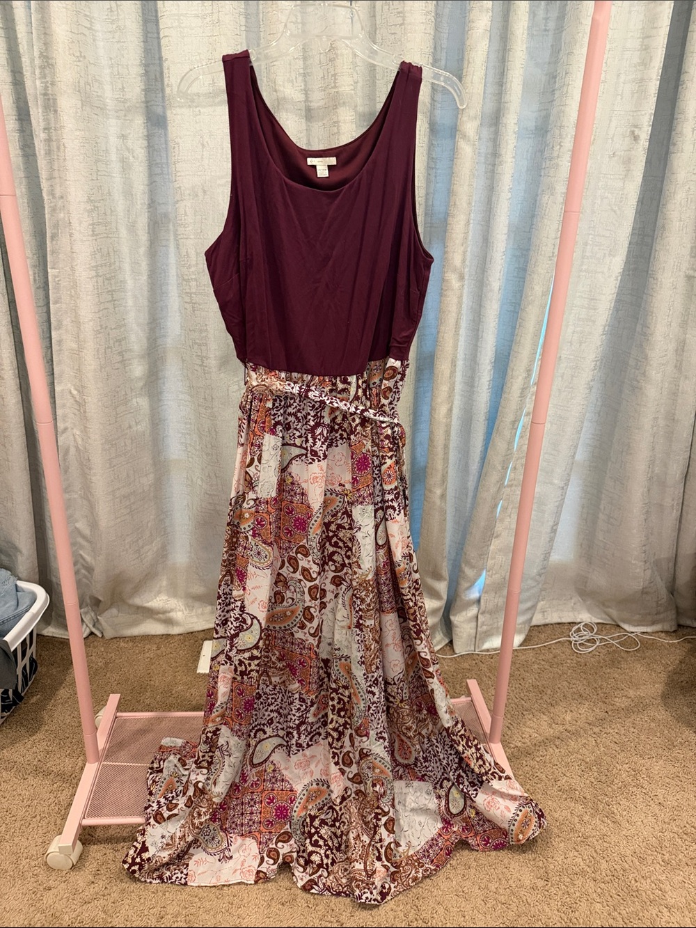 Sleeveless Maxi Dress with Paisley Skirt - Burgundy Top